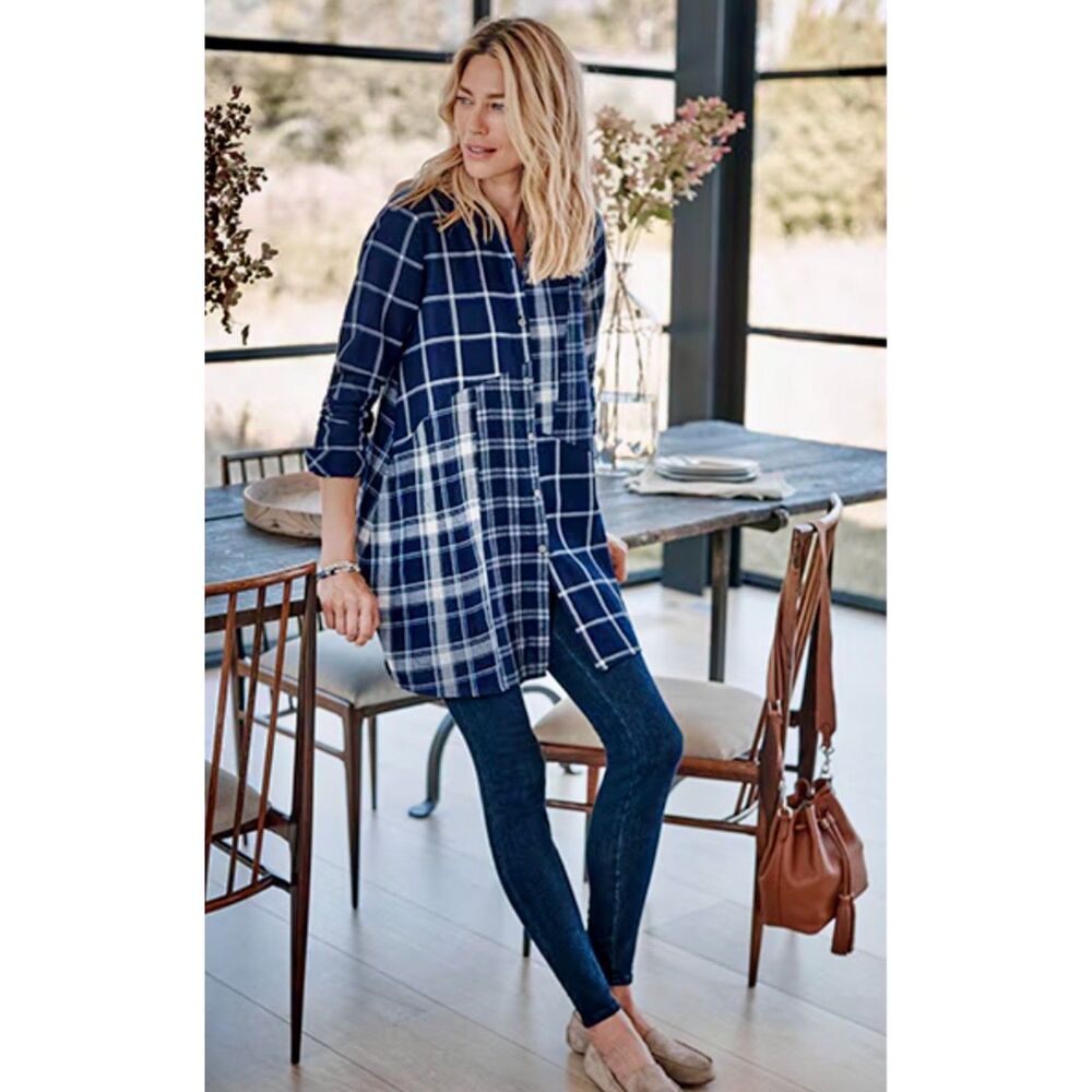 J Jill Blue Plaid Flannel Patchwork Long Sleeve Tunic Shirt Top Sz S Fall Boho